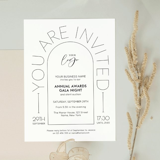 Convite Gala Elegante de Elegante de Arch Simples (Elegant simple business event invitation with arch background and thin sans serif fonts)
