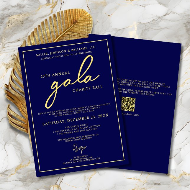 Convite Gala Event Charity Fundraiser Elegante Azul Dourad (Gala Event Charity Fundraiser Elegant Navy Blue and Gold Invitation with Script Calligraphy, QR Code)