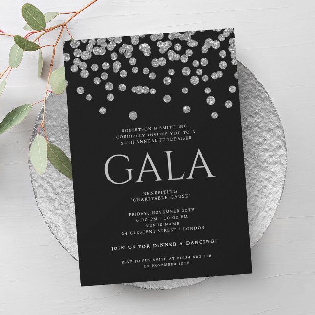 Convite Gala Formal Silver Blac Glitter Confetti (Formal Corporate Gala Silver Blac Glitter Confetti Invitation)