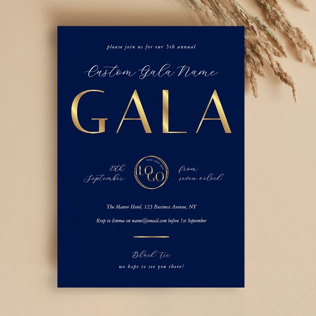 Convite Gala Night Navy & Gold Logo Business Fundraiser (Criador carregado)