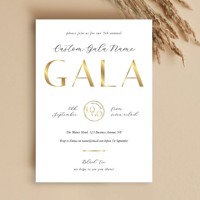 Convite Gala Night White & Gold Logo Business Fundraiser (Criador carregado)