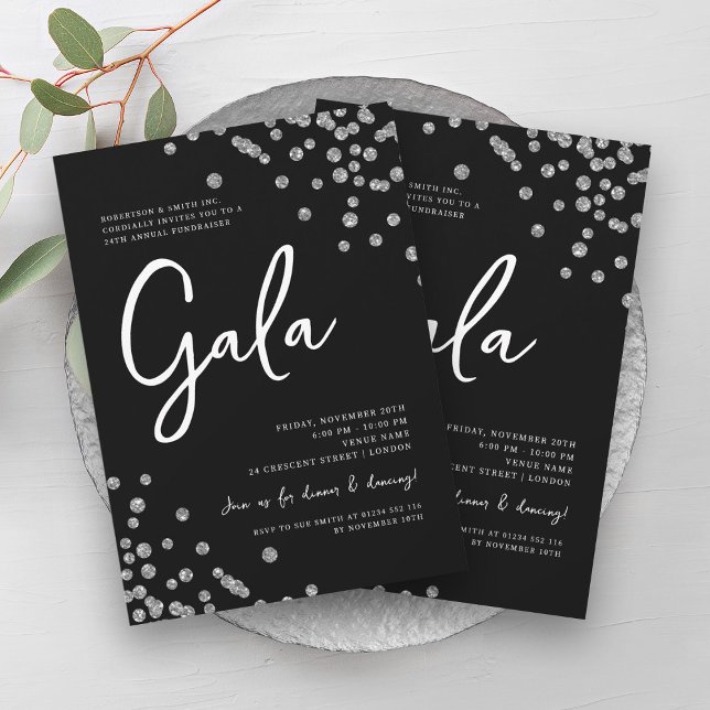 Convite Gala Silver Confetti Black Formal (Formal Corporate Gala Silver Confetti Black Invitation)