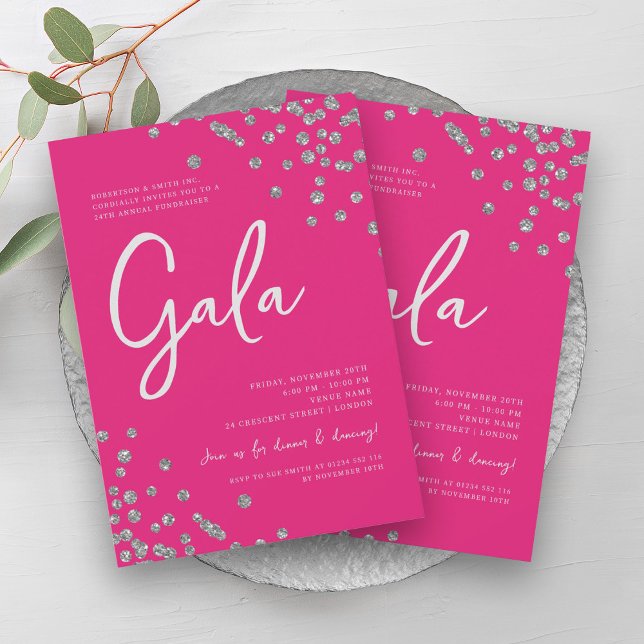 Convite Gala Silver Confetti, Formal, Rosa Quente (Formal Corporate Gala Silver Confetti Hot Pink Invitation)