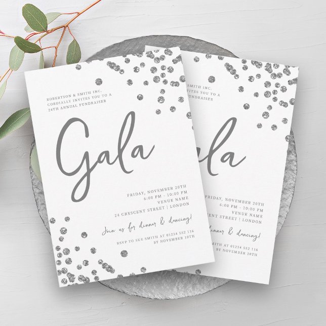 Convite Gala Silver Glitter Confetti Formal (Formal Corporate Gala Silver Glitter Confetti Invitation)