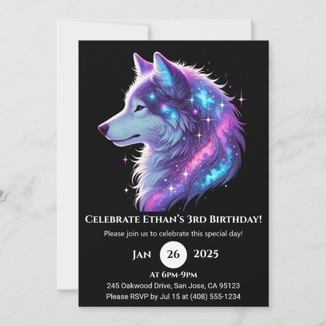 Convite Galactic Glow Wolf Birthday Invitation (Frente)