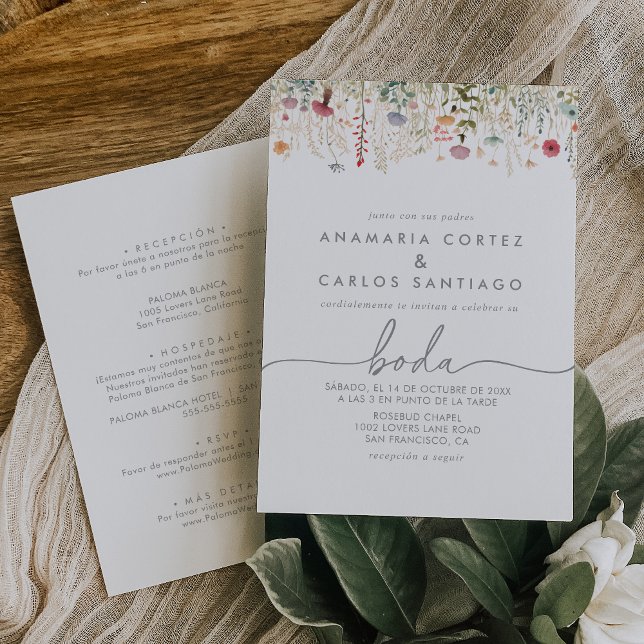 Convite Galant Wildflower Espanhol Casamento Frente e Vers (Criador carregado)