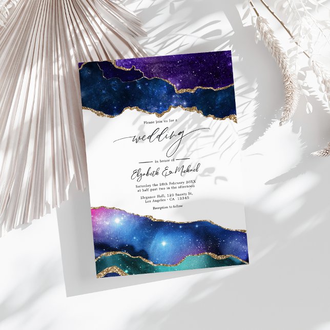Convite Galáxia Ágata Brilho Falso Luxo Celestial Casament (Galaxy Agate Faux Glitter Celestial Luxury Wedding Invitation)