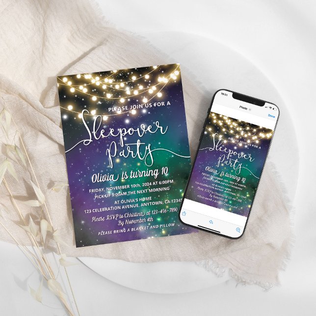 Convite Galáxia Azul Roxo do Partido do Sono Estrelas Aniv (Criador carregado)