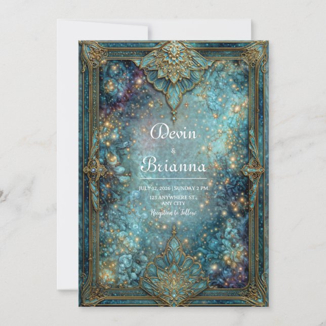 Convite Galáxia Azul-turquesa Ornamentada com Flores Doura (Frente)