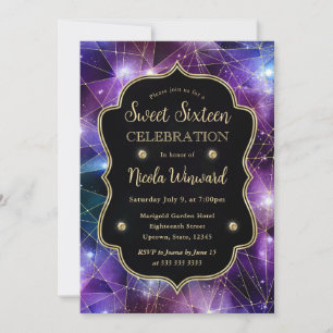 Convite Galáxia Cristal Purple e Blue Midnight Sweet 16