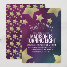 Convite Galáxia e Estrelas Douradas Aniversário Espacial Q