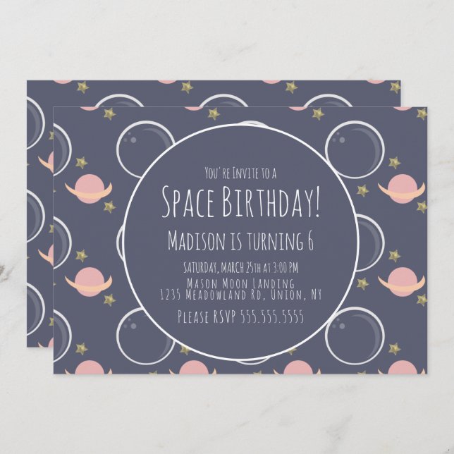 Convite Galáxia Espacial Foil Cor-de-Rosa Estrelas Anivers (Frente/Verso)