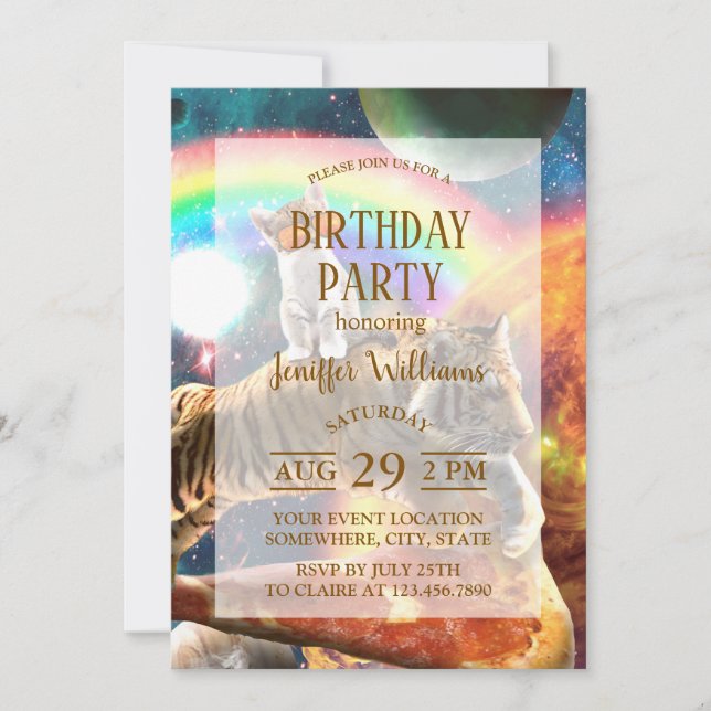 Convite Galáxia Espacial Tigre Andando Gato na Pizza (Frente)