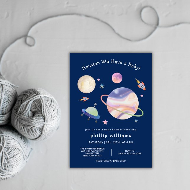 Convite Galáxia Espaço Lua Estrela Chuvinha de Bebê Noturn (Night Blue Galaxy Space Moon Star Baby Shower Invitation)