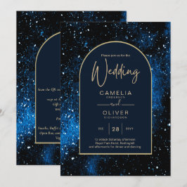 Convite Galáxia Noite Estrelada Azul Naval Dourado Casamen