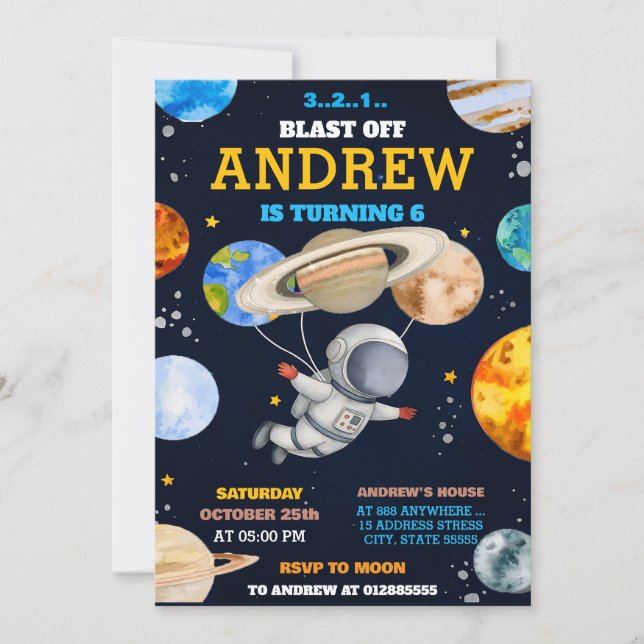 Convite Galáxia Pessoal Explodir Astronauta Fora de Aniver (Frente)