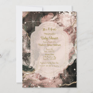 Convite Galáxia Rosa Fumê Aquarela Dourado Celestial Bebê