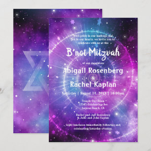 Convite Galáxia Rosa Púrpura Elegante B não Mitzvah