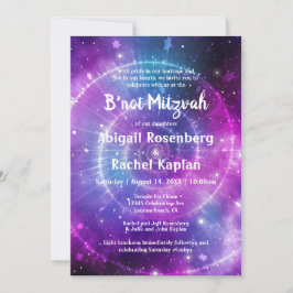 Convite Galáxia Rosa-Teal Roxo Elegante B não Mitzvah