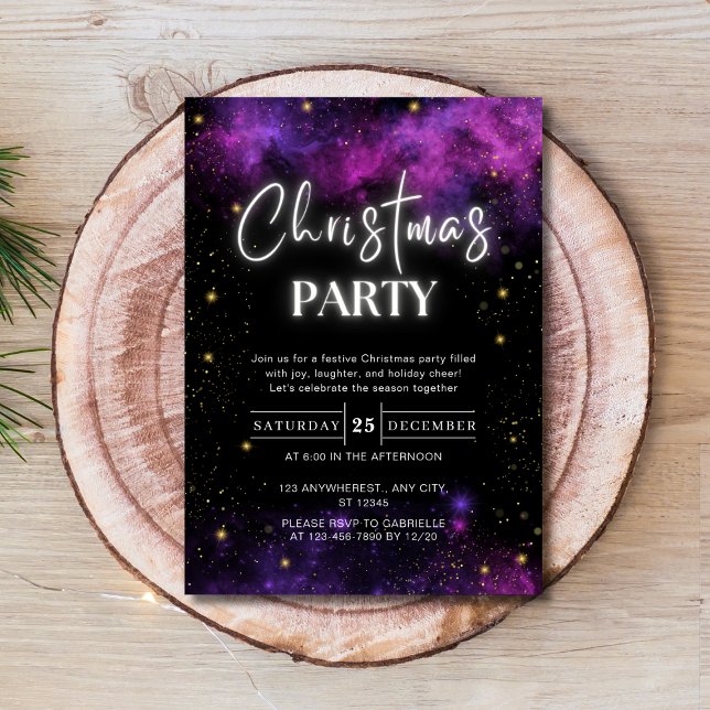 Convite Galáxia Starry Space Neon Black Christmas Party (Galaxy Starry Space Neon Black Christmas Party Invitation )