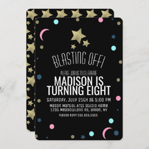Convite Galáxias Faux Douradas Estrelas Confetti Space Ani