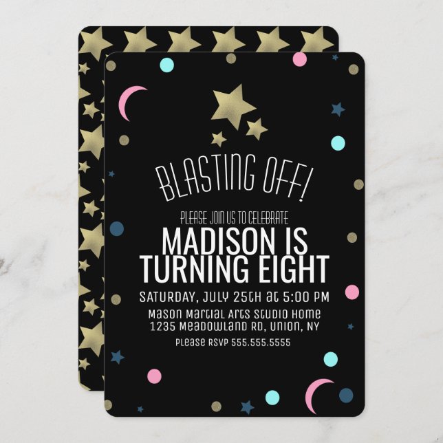 Convite Galáxias Faux Douradas Estrelas Confetti Space Ani (Frente/Verso)