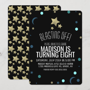 Convite Galáxias Faux Estrelas Douradas Confetti Space An