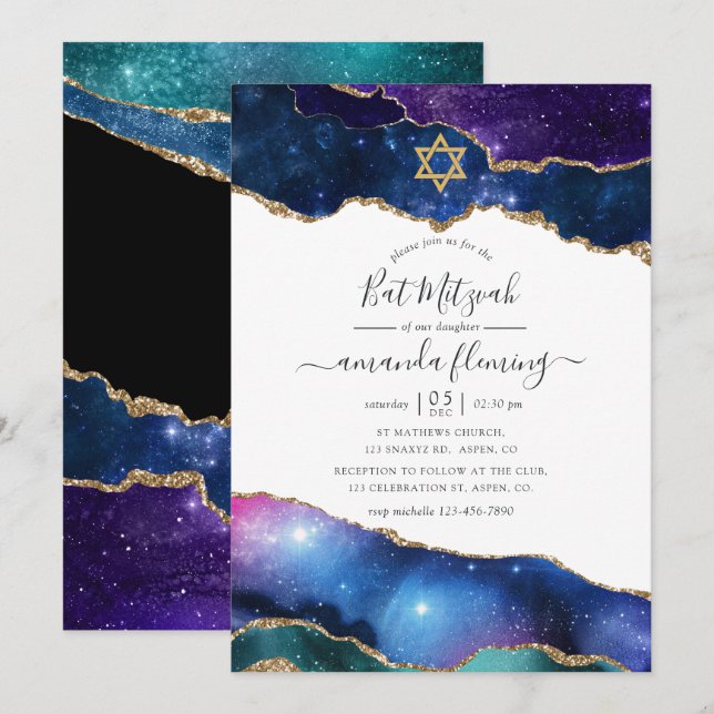 Convite Galaxy Agate Bat Mitzvah (Frente/Verso)
