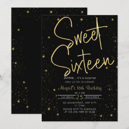 Convite Galaxy Black Dourado Sweet 16ª Festa de aniversári