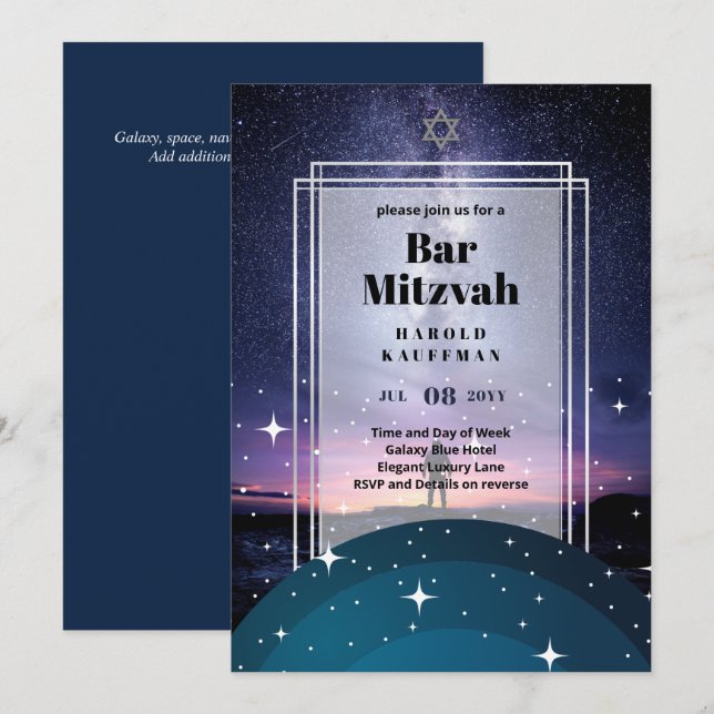 Convite GALAXY Boys BAR MITVAH Astronauta Espacial (Frente/Verso)