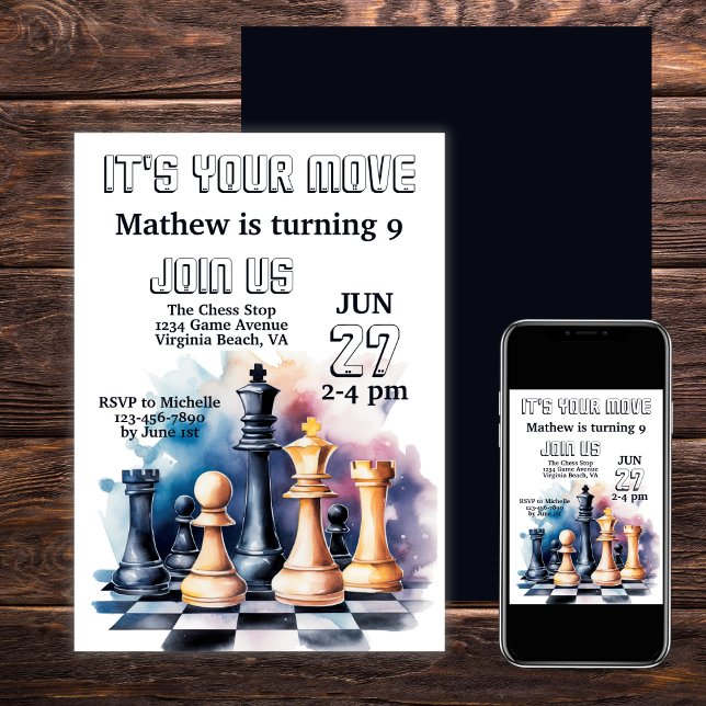 Convite Galaxy Chess Piece Modern Chess Aniversário (Galaxy Chess Pieces Modern Chess Birthday Invitation)