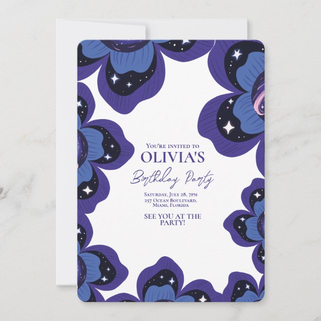 Convite Galaxy Floral Purple Birthday (Frente)