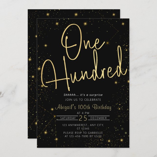 Convite Galaxy Script Black e Dourada 100ª Festa de aniver (Frente/Verso)