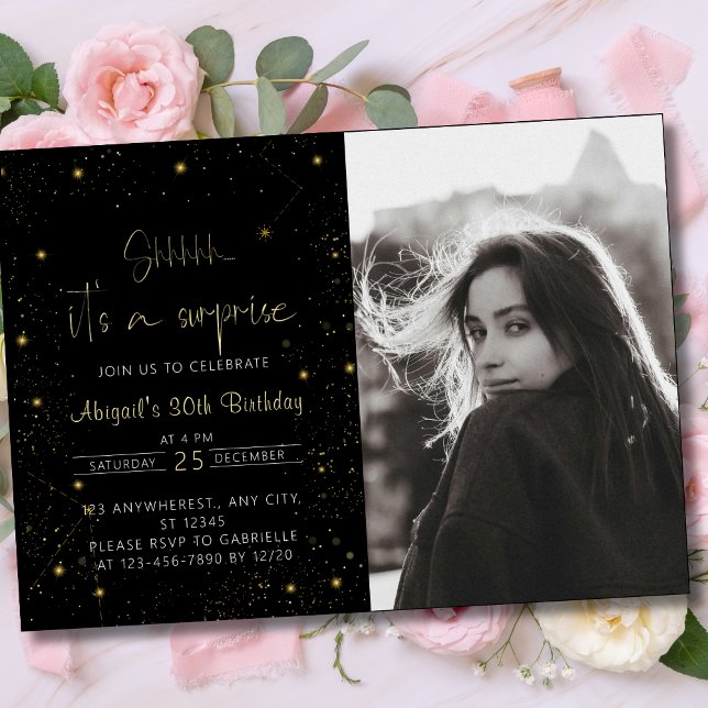 Convite Galaxy Script Photo Black and Dourado Festa de ani ( Galaxy Script Photo Black and Gold Birthday Party Invitation ()