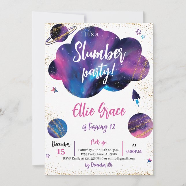 Convite Galaxy Slumber Party (Frente)