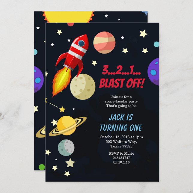 Convite Galaxy Space Blast off Birthday (Frente/Verso)