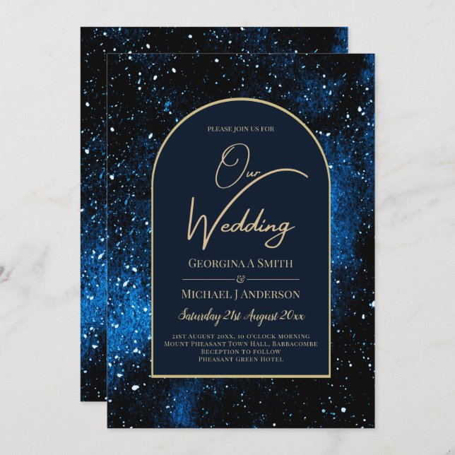 Convite Galaxy Starry Night Marinho Blue Dourado Casamento (Frente/Verso)