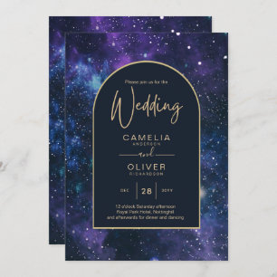 Convite Galaxy Starry Night Purple Blue Casamento Dourado