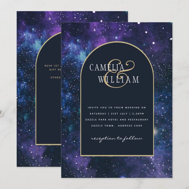 Convite Galaxy Starry Night Purple Blue Weding (Frente/Verso)