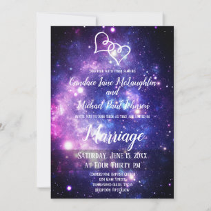 Convite Galaxy Starry Night Space Casamento com Corações D