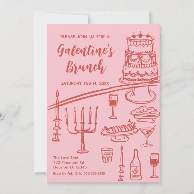 Convite Galentine Brunch red & pink Party Invitation (Frente)