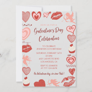 Convite Galentine convida corações cor-de-rosa e vermelhos