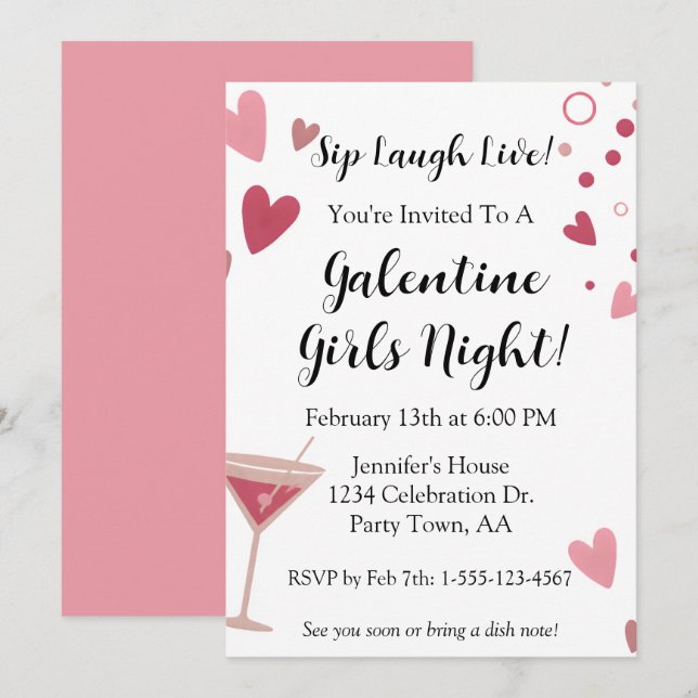 Convite Galentine Garotas Saída Noturna Martini Rosa (Frente/Verso)