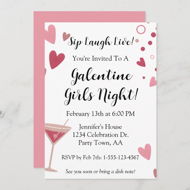 Convite Galentine Girls Night Out Martini Pink (Frente/Verso)