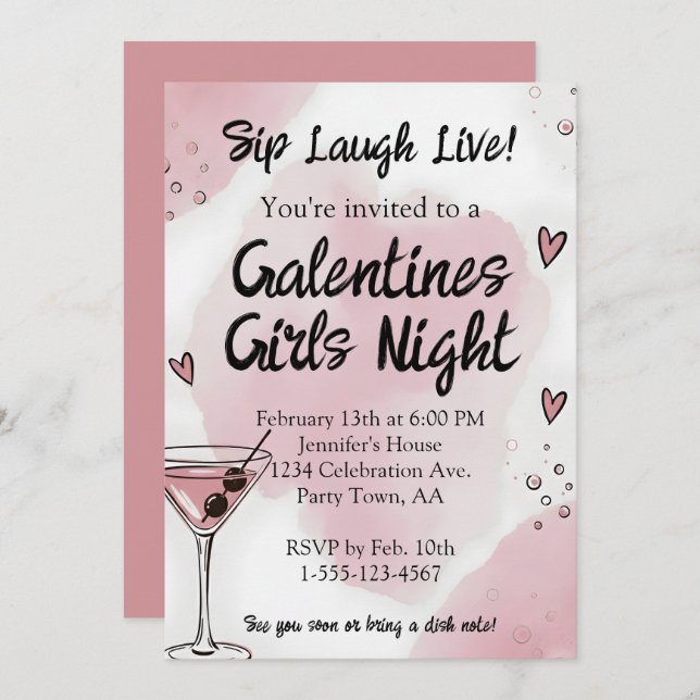 Convite Galentine Girls Night Out Martini Pink and Black (Frente/Verso)