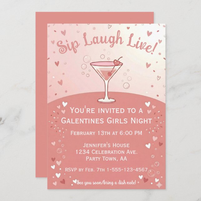 Convite Galentine Girls Night Out Sip Laugh Live in Pink  (Frente/Verso)