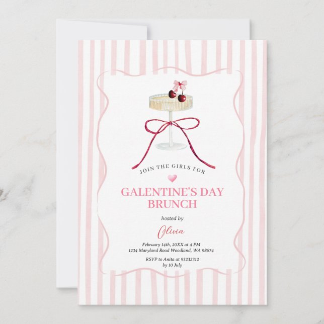 Convite Galentine’s Day Brunch Invitation | Pink Stripe (Frente)