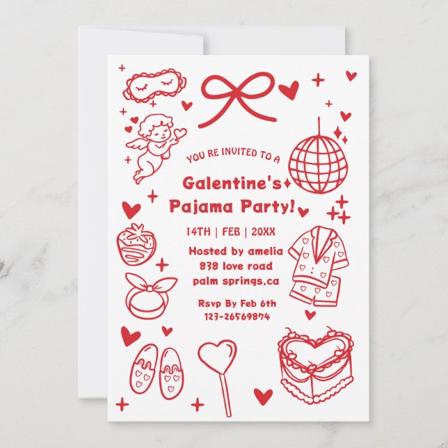 Convite Galentine’s Pajama, Night Valentine Hand Drawn  (Frente)