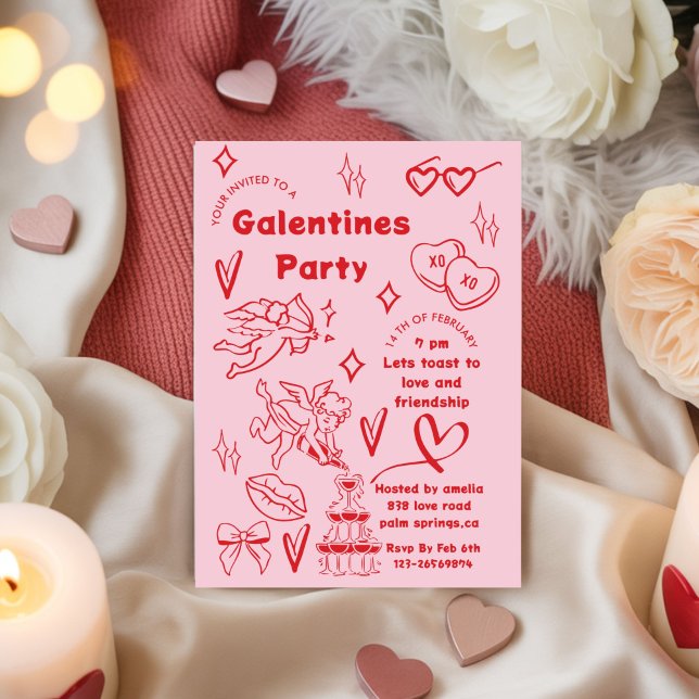 Convite Galentine’s Party, Girls Galentine’s Hand Drawn In (Criador carregado)