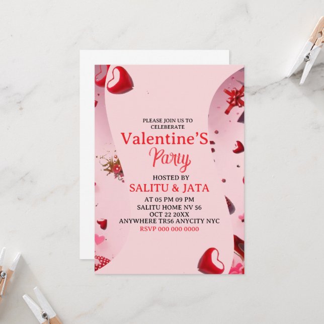 Convite Galentine’s Party Invitation, Pink Heart & Bow Bir (Frente/Verso In Situ)